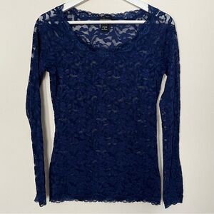Moda International • S • Navy Lace Long Sleeve Top Elegant Navy Lace Top